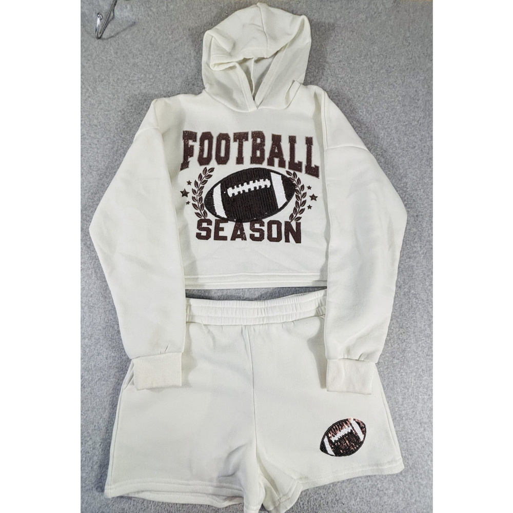 Ruby & Lace Football Season 2 Pc Lounge Set Cream Sequin Hoodie Shorts XL L